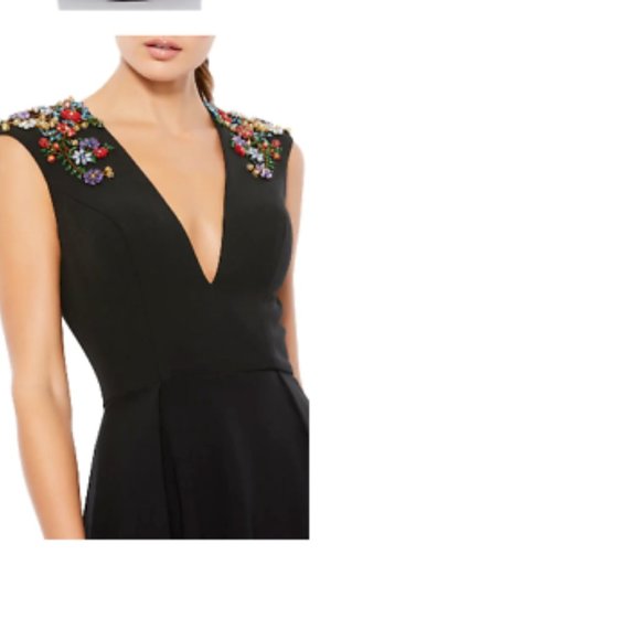 MAC DUGGAL PLUGE NECK EMPIRE WAIST EMBELLISHED SLEEVE THIGH SLIT BLACK GOWN 8 - Picture 2 of 4